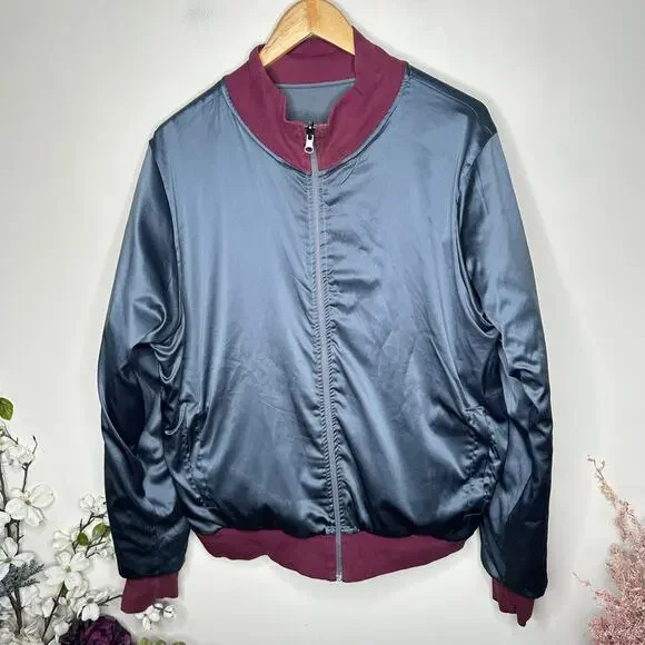 EMPORIO ARMANI Reversible Bomber Jacket Satin Gray Maroon Sz L $995